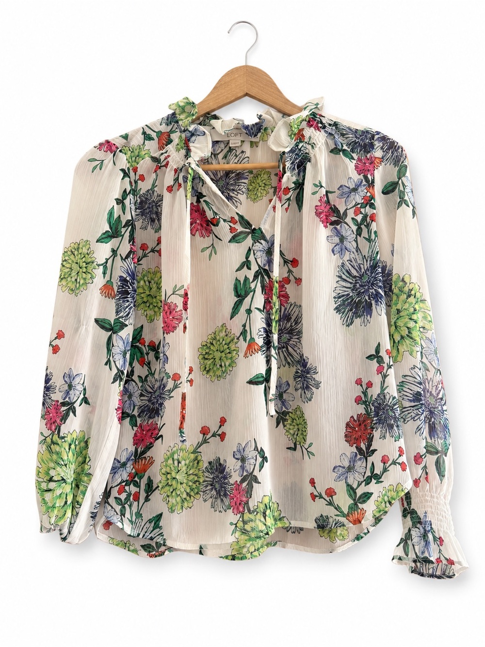 LOFT Cream Floral Tie-Front Ruffle Blouse